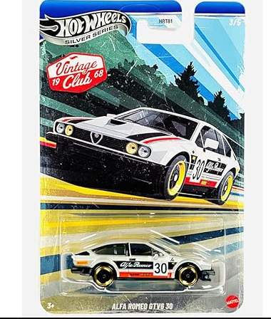 Hot Wheels Alfa Romeo GTV6 30, Silver Series Vintage Racing Club 5/5 1:64 Scale Collectible Die Cast Metal Toy Car Model