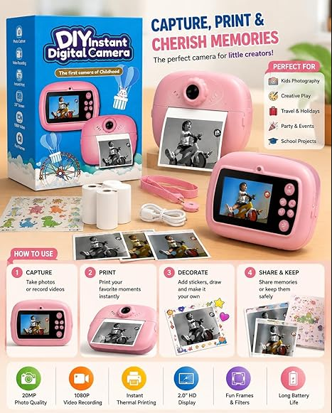 DIY Instant Print Minii Camera for Kids & Adults | Thermal Paper Printing Camera | 2.4” HD Screen | SD Card Support, Video Recording, Games & Music Player - Image 7