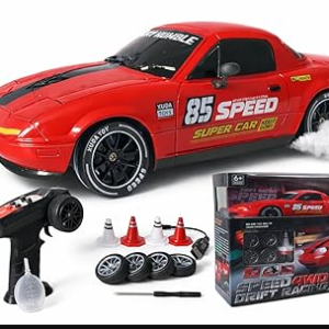 Uyir Mei 1:24 RC Drift Car 4WD, 20km/h Remote Control Car with Smoke Effect, Pop-Up Headlights, LED Lights, Drift Tires, Rechargeable Toy Car for Kids & Adults (Red)