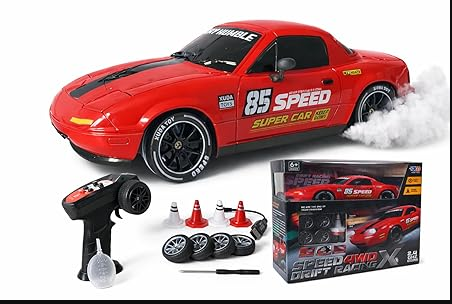 Uyir Mei 1:24 RC Drift Car 4WD, 20km/h Remote Control Car with Smoke Effect, Pop-Up Headlights, LED Lights, Drift Tires, Rechargeable Toy Car for Kids & Adults (Red)