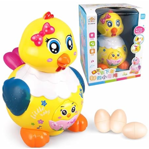 DZLING Funny Hen Electric Toy with Egg Laying Action, Music & Flashing Lights | Bump & Go Musical Chicken Toy for Kids | Interactive Learning Toy for Toddlers, Boys & Girls (2+ Years)